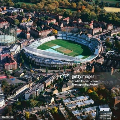 An aerial view of an oval-shaped cricket field