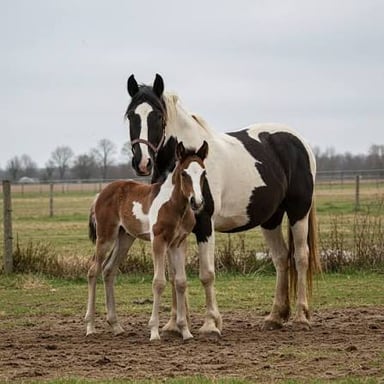 A mare standing beside her young foal.