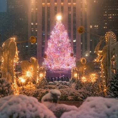 Holiday lights and seasonal decorations in New York City in December.