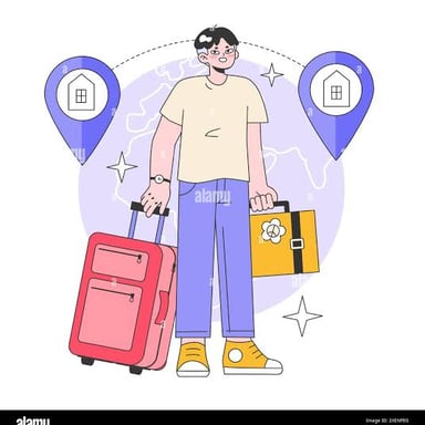 A person arriving in a new country with luggage, suggesting a major life change.