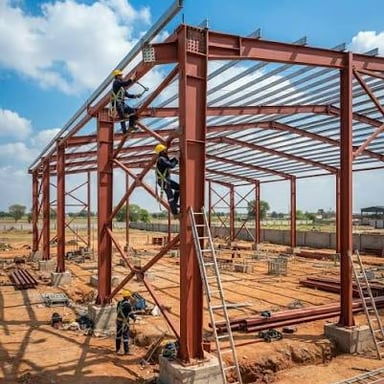Workers assemble a structure, putting its framework in place.
