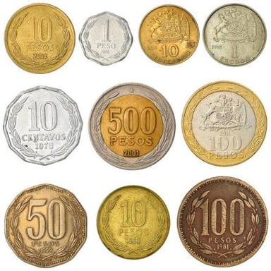 Banknotes and coins used as Chilean pesos.