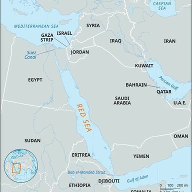A map showing the Red Sea at the southern end of the Suez Canal.