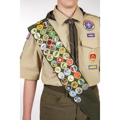 A fabric scout sash covered with pinned badges