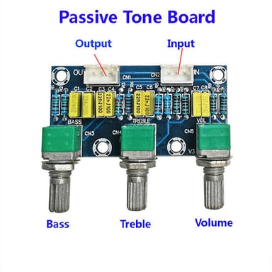 Amplifier tone controls labeled treble and bass