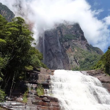 Angel Falls descending from a flat-topped mountain in Venezuela.