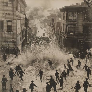 A crowd moving chaotically through a street, conveying the phrase “ran amok.”