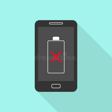 A smartphone displaying an empty battery after running out of power.