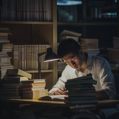 A student studying at a desk with books and writing materials