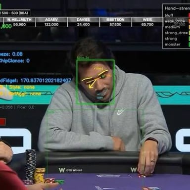 A poker player at a table, with a subtle gesture suggesting a tell.
