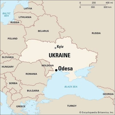 Map of Ukraine with its southern coastline on the Black Sea and Odesa marked.