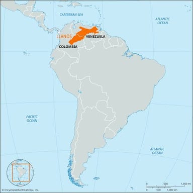 Map showing the Orinoco River flowing through Venezuela and reaching the Atlantic Ocean.