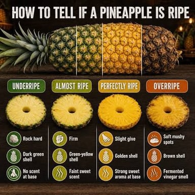 A ripe pineapple with its spiky green crown