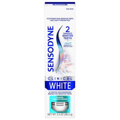 A tube of Sensodyne toothpaste, a brand associated with sensitive teeth.