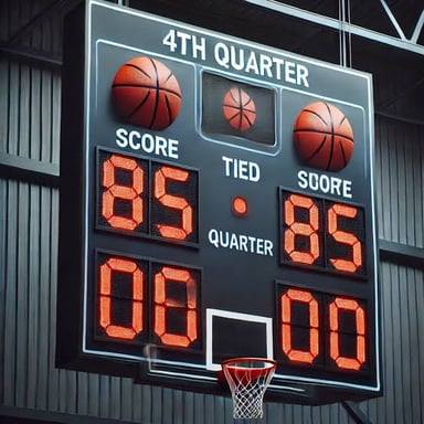 A sports scoreboard showing a tied game going into overtime