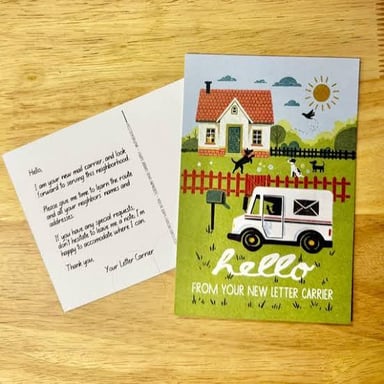A mail carrier delivering letters along a neighborhood route.