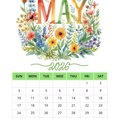 A calendar page labeled May, with a springtime setting.