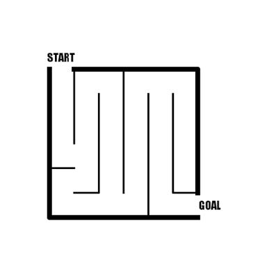 A simple maze with a marked exit reached by a winding path.