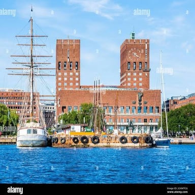 Oslo City Hall stands near the waterfront of Norway’s capital.