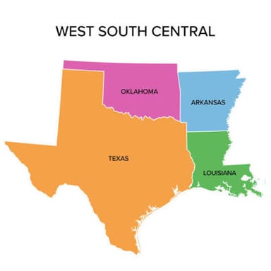 A map showing Texas next to Arkansas