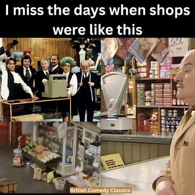 A shopkeeper speaking with a customer in a British shop.