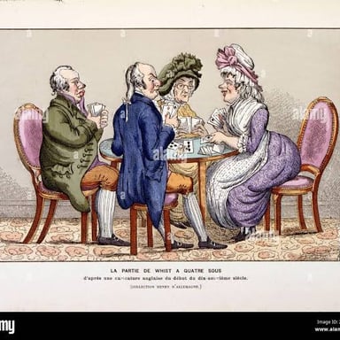 Four players seated in partnerships for a game of whist.