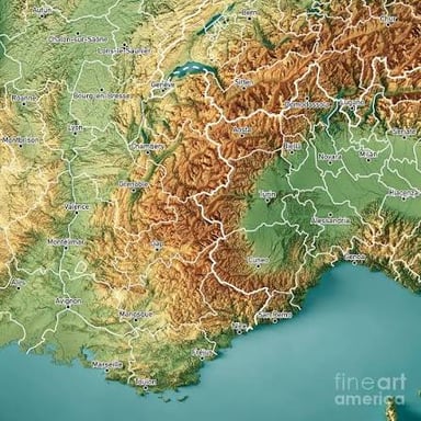 Map showing the border between France and Italy across the Alps.