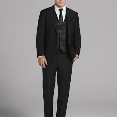 A black tuxedo with a white shirt and bow tie
