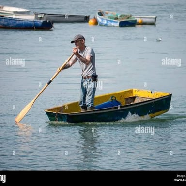 A person propels a small boat through the water using oars.