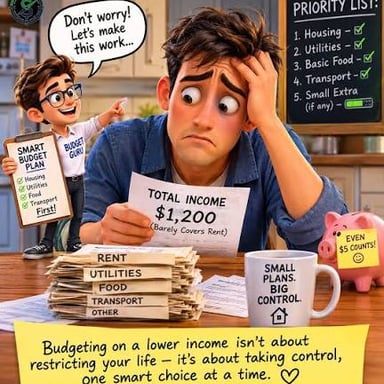 A person carefully sorts a limited amount of money for expenses.