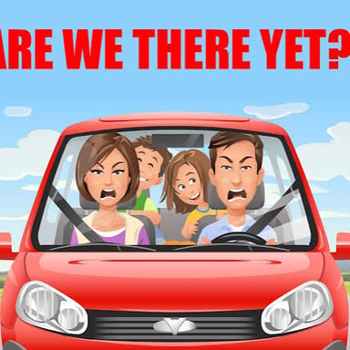 Passengers traveling in a car, illustrating the question “Are we there?”