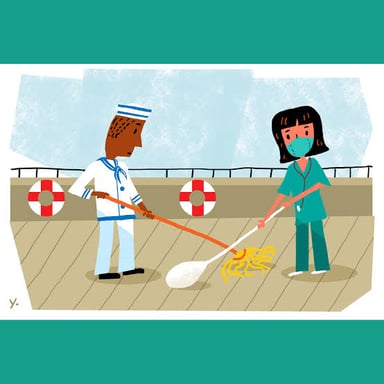 A sailor cleaning a ship's deck with a long-handled mop.