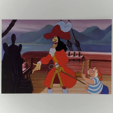 An illustration of Smee standing alongside Captain Hook in Peter Pan.