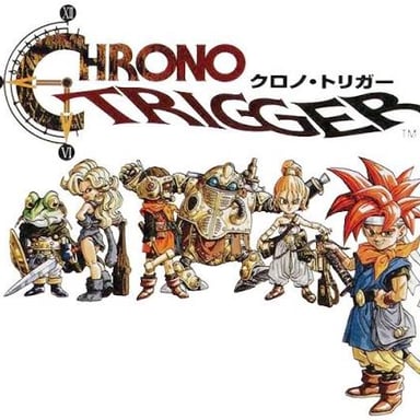 A Super Nintendo Entertainment System console with a Chrono Trigger game cartridge