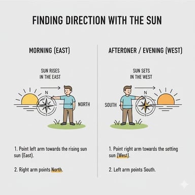 A compass indicates west beside a sunset on the horizon.