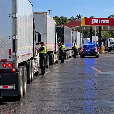 Semi-trucks parked at a roadside truck stop.