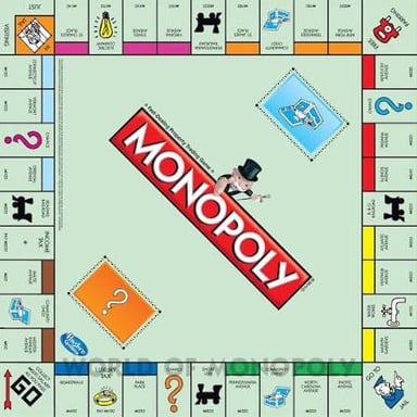 A Monopoly board showing property spaces named for streets and avenues.