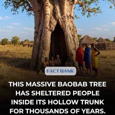 A baobab tree with a broad, swollen trunk standing in a savanna landscape.