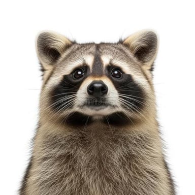 A raccoon’s face showing the dark fur markings around its eyes that resemble a mask.