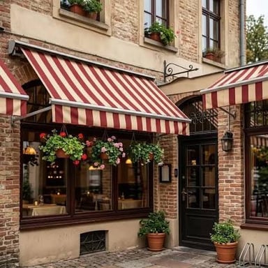 A café awning projecting over the entrance and sidewalk.