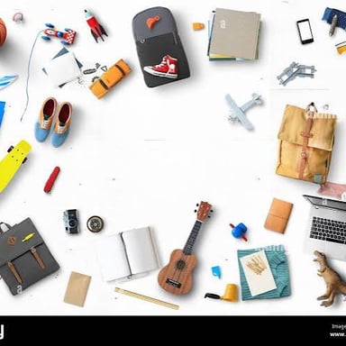 Miscellaneous objects scattered messily across a floor