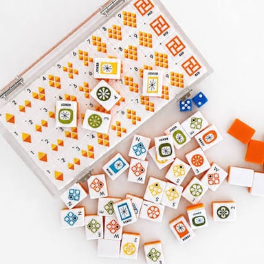 Mahjong tiles arranged into matching groups and a pair.