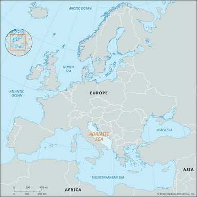 Map showing the Adriatic Sea separating Italy from the Balkan Peninsula