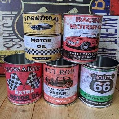 Cans of motor oil used for maintaining engines.