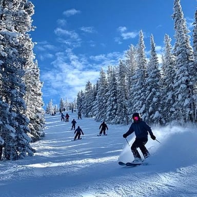 Skiers and snowboarders descending snowy slopes.