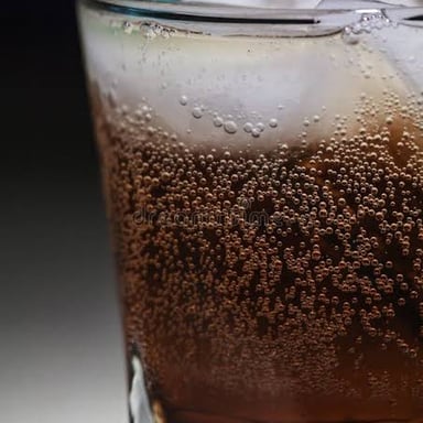 A glass of soda with bubbles rising through the carbonated drink.