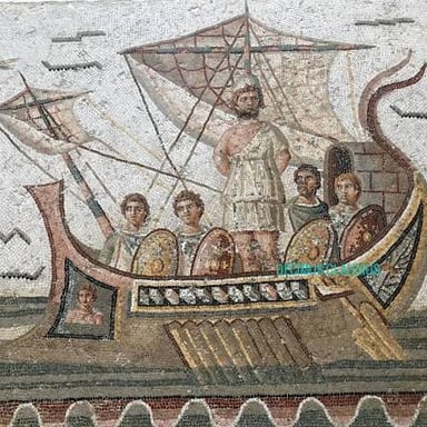 An artistic depiction of Odysseus and his crew encountering the Sirens.