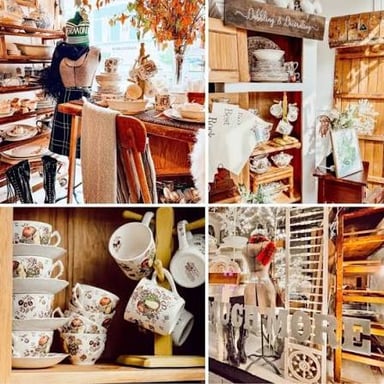 An antique shop with merchandise displayed for customers.