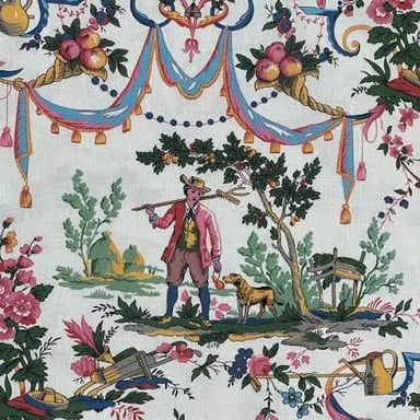 Light fabric printed with repeated pastoral scenes in a single contrasting color.