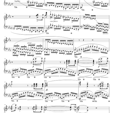A pianist playing from a page of étude sheet music.